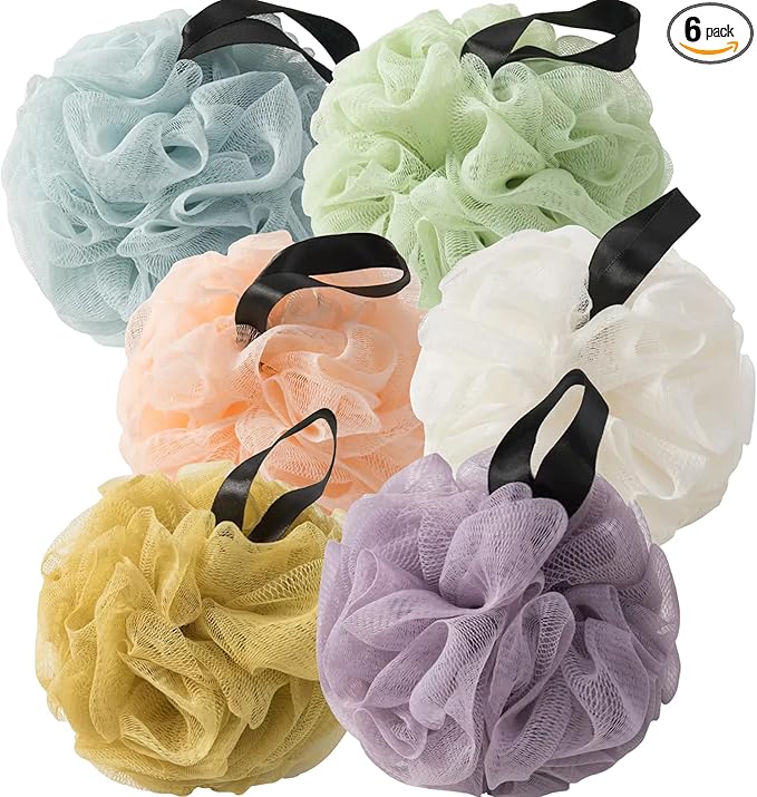 Loofah Sponges for Shower,Light Tone 6 Pack - Blue, Purple, Light Green, Beige, Orange & Yellow