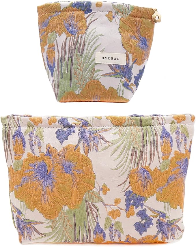 getgto 2 Pcs Makeup Bags, Large Cosmetic Bag Travel Toiletry Bag Organizer for Women, Embroidery Craft, Floral Makeup Bag Small Cosmetic Pouch Purse with Zipper Gifts for Girls Teen
