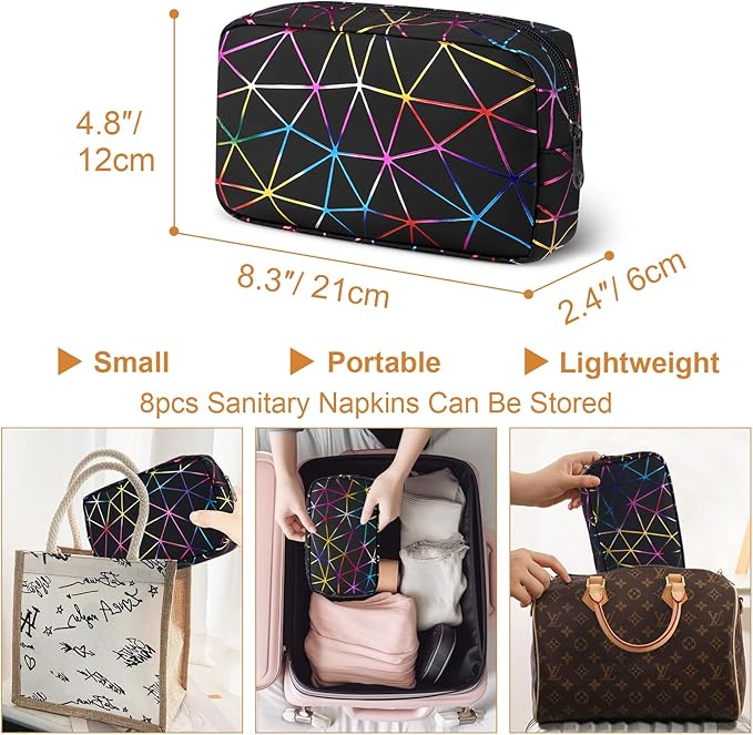 Period Bag for Girls Womens, Leather Sanitary Napkin Storage Bag, Portable Menstrual Pad Bag Period Pads Pouch, Small Make Up Bags(Colorful Black)