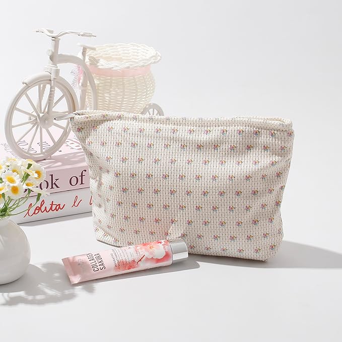 Gardsell Cosmetic Bags for Women - Corduroy Cosmetic Bag Aesthetic Women Handbags Purses Smile Dots Makeup Organizer Storage Makeup Bag Girls Case Bags (Flowers-Apis)