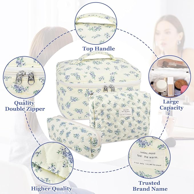 Gosect Makeup Bag Set, Quilted Makeup Bag, Large Floral Cosmetic Bag for Women, Cute Cotton Makeup Bags, Flower Travel Toiletry Organizer Bag (Blue Floer)