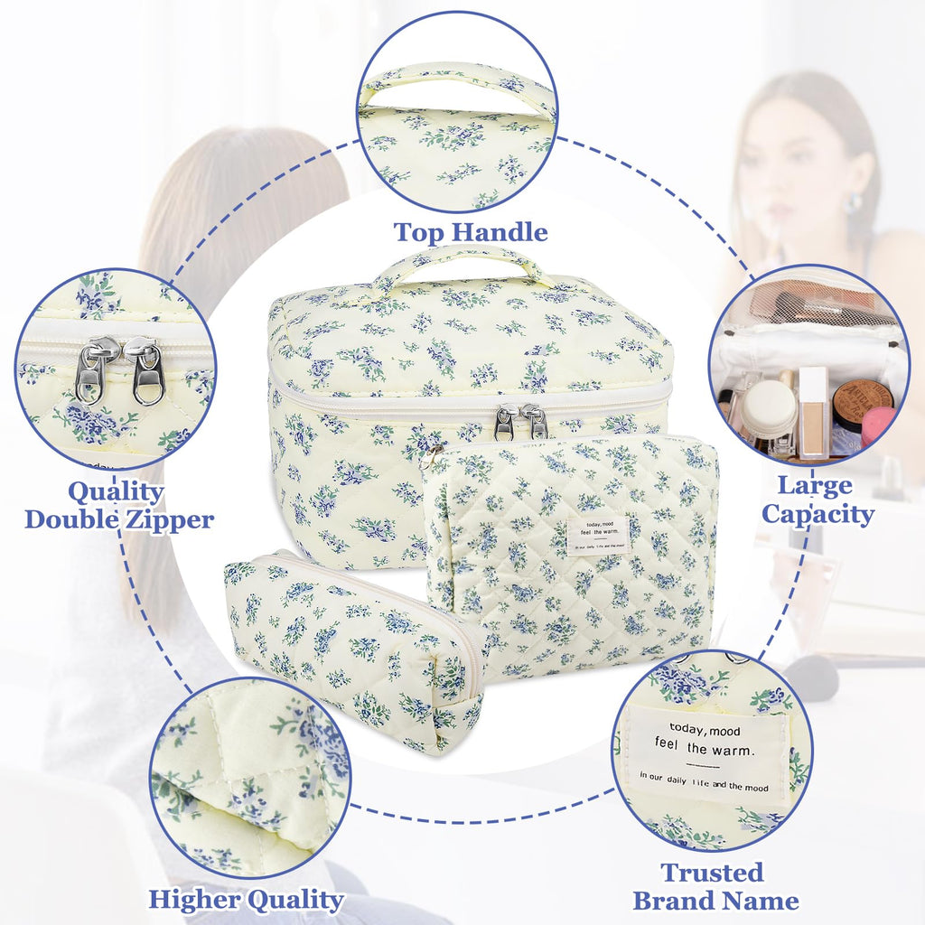 Gosect Makeup Bag Set, Quilted Makeup Bag, Large Floral Cosmetic Bag for Women, Cute Cotton Makeup Bags, Flower Travel Toiletry Organizer Bag (Blue Floer)