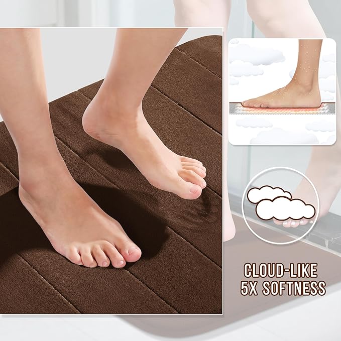 Yimobra U-Shaped Toilet Bath Mat Set 2 Piece - Super Soft Absorbent Quick Dry Memory Foam Bathroom Rugs, Machine Washable Non Slip Floor Carpet for Tub Shower & Single Sink (17x24 & 24x20, Brown)