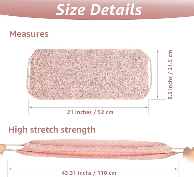 Culture Gifts Extended Exfoliating Back Scrubber with Handles, Nylon Cleaning Exfoliator Washcloth for Body, Stretchable Pull Strap Soft Quick-Drying Rough Scrub Towel, Pink