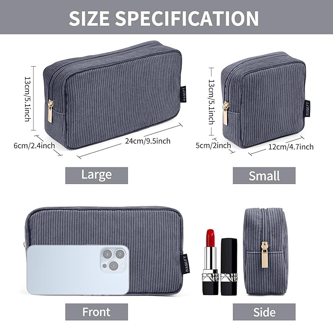 MAGEFY Makeup Bag 2 Pcs Corduroy Cosmetic Bag Mini Big Makeup Bags for Women Travel Pouch with Slip-in Pockets(DeepGrey)