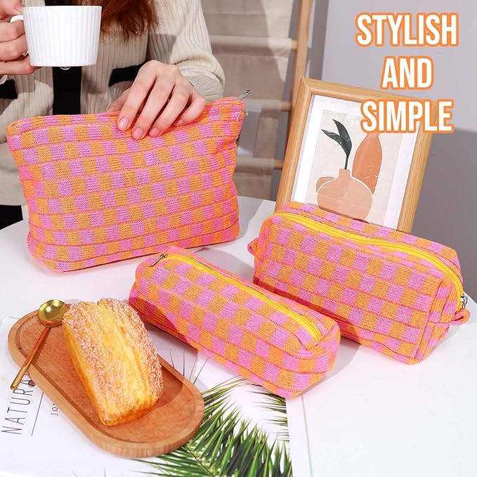 Gocvo 3 Pcs Makeup Bag Checkered Cosmetic Bag Large Capacity Traveling Toiletry Pounch Organizer Cute Makeup Brushes Aesthetic Accessories Storage Bag for Girls Women(Orange-Purple)