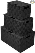 Sorbus Set of 3 Black Woven Storage Baskets with Lids – Mesh Hand-Woven Bins for Closet, Shelf, and Linen Organization – Variety Pack