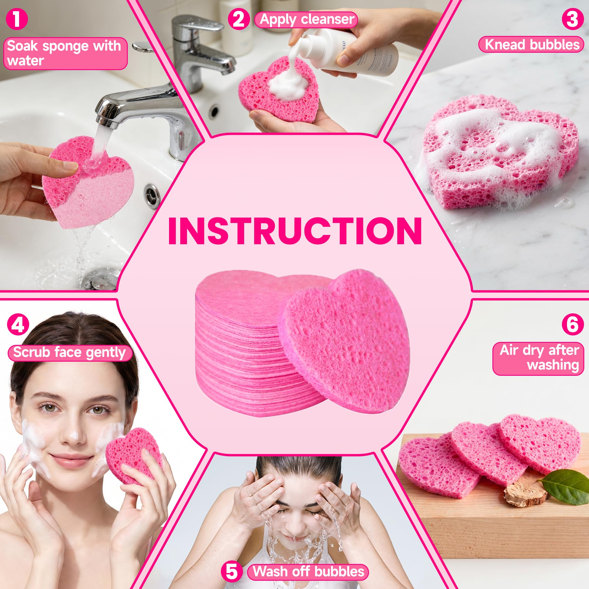 Silkyhose Women 120-Count Compressed Cellulose Heart Shape Face Facial Sponges 100% Natural Cosmetic Sponges for Facial Cleansing Exfoliating Mask Skin Massage (（Pink） 120 Count)