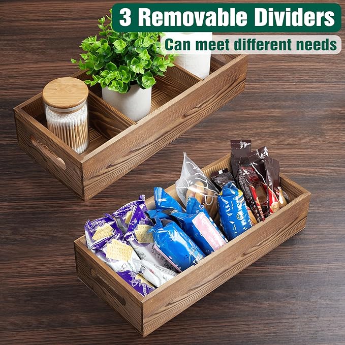 14 Inch Wood Bathroom Basket with Removable Dividers - 3 Comparments Wooden Toilet Paper Basket with Handle for Back of Toilet Tank Topper - Storage Organizer for Bathroom Kitchen Pantry Organization