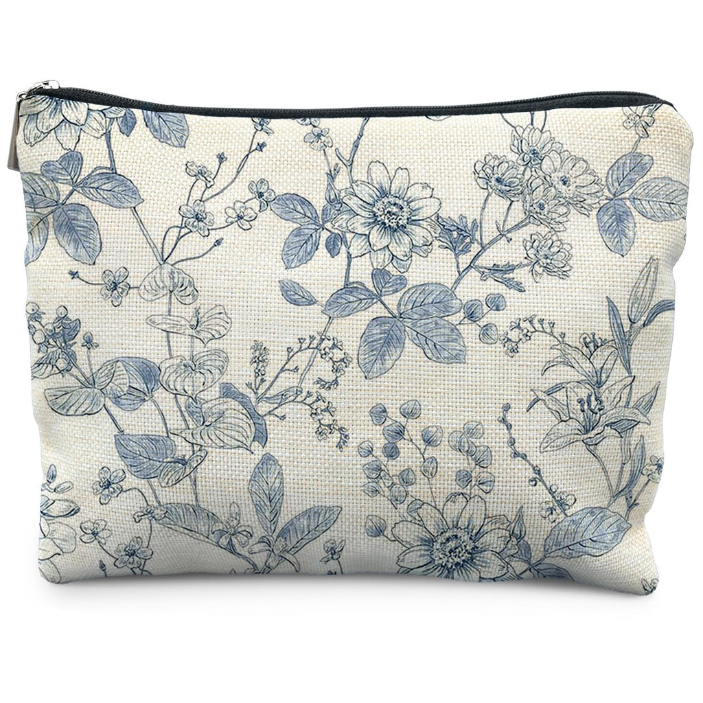 RYYCDOI Vintage Blue Floral Makeup Bag, Chinoiserie Blue and White Floral Cosmetic Bags for Women, Retro Flower Botanical Zipper Makeup Pouch