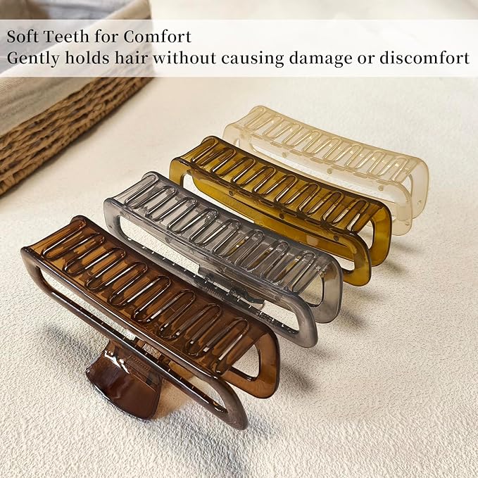 Nalodu 5 Inch Large Hair Claw Clips, No Slip Glossy Jelly Square XL Clips for Thick Long Curly Hair, Women's Big Rectangle Strong Clips, 4 Pack