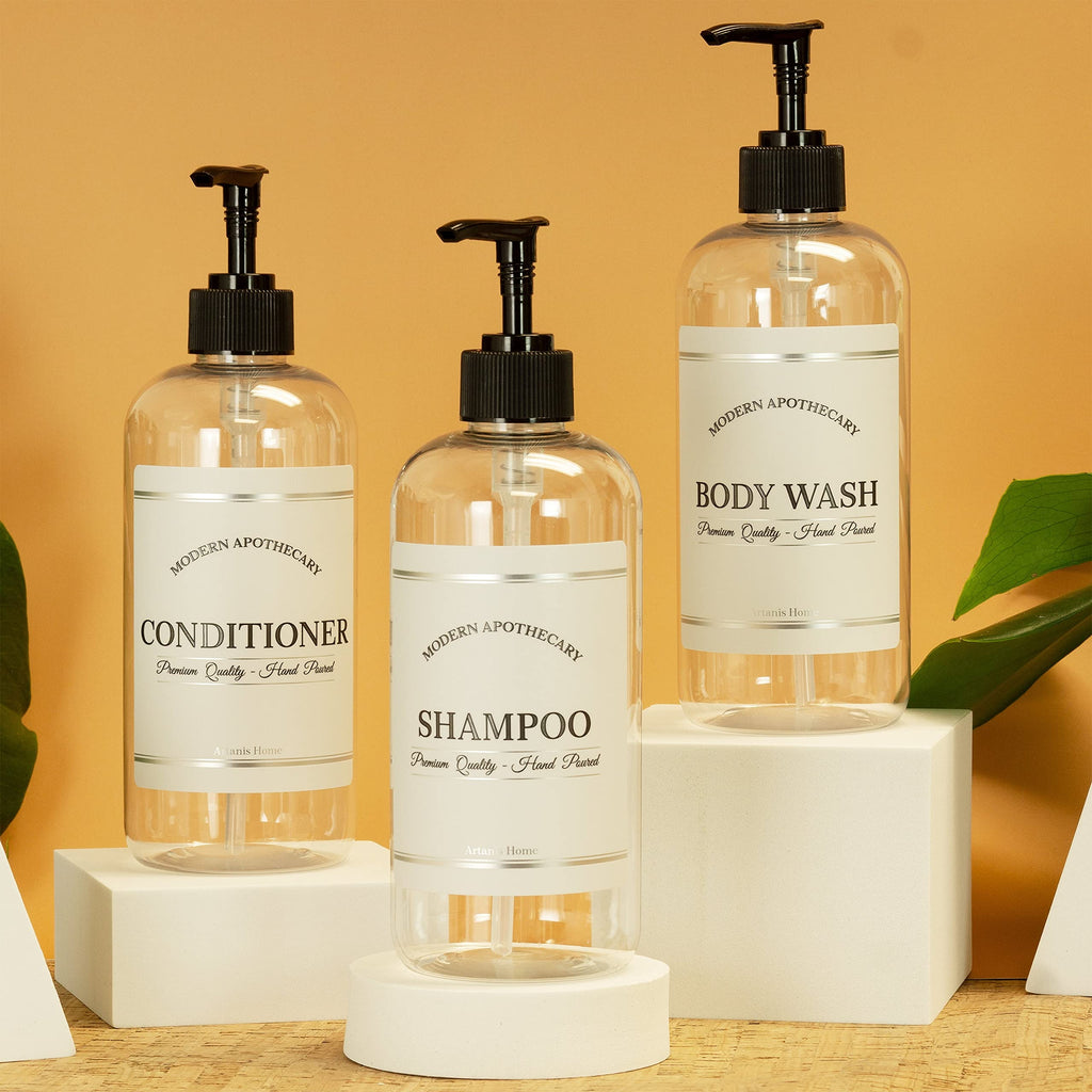 Clear Refillable Shampoo and Conditioner Bottles - Body Wash, Shampoo and Conditioner Dispenser - PET Plastic Shampoo Bottles Refillable with Pump - Waterproof Labels - 16 oz, 3 Pack (Black Plastic)