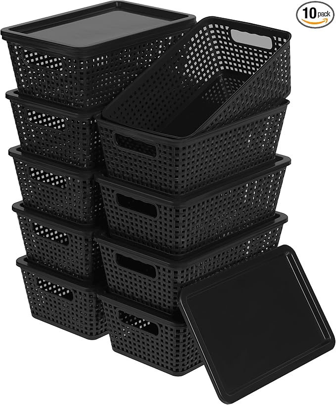 Anywish Plastic Storage Baskets With Lid, Storage Bins for Organizing, Stackable Decorative Containers for Shelves Drawers Desktop Closet Playroom Classroom Office,10 Pack-Black