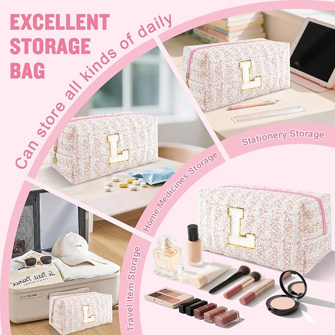 Personalized Quilted Cosmetic Bag, Puffy Monogrammed Christmas Birthday Gifts for Women & Girls, Cute initial Floral Makeup Bag Puffer Coquette Bag, Aesthetic Travel Toiletry Zipper Pouch(Pink,L)