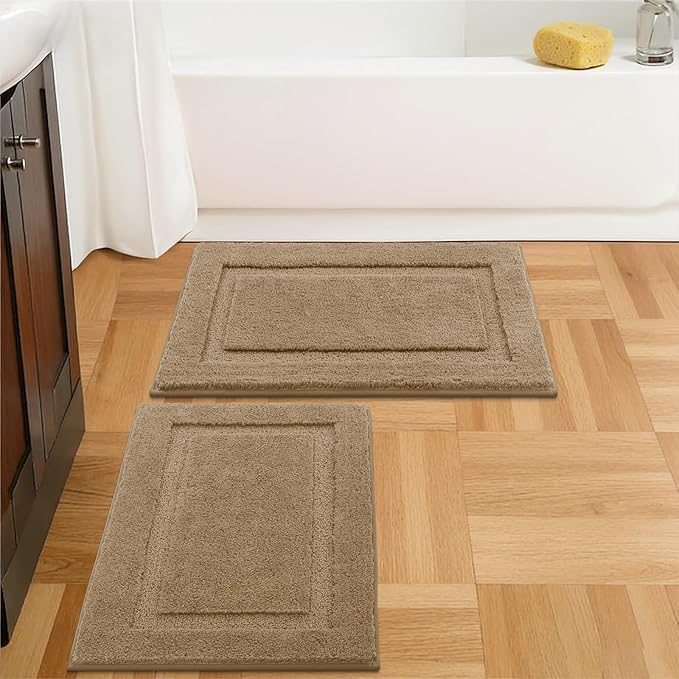 SHACOS Soft Fluffy Bathroom Rugs Sets of 2 Pieces 32x20 inch Non Slip Washable Bath Rugs Absorbent Bath Mats Bathroom Accessories Carpet for Floor Shower Tub, Khaki