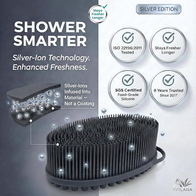 Avilana Silicone Body Scrubber for Shower – SGS Certified Food Grade Dual Sided Bath Brush, Gentle Exfoliating Silicone Loofah Alternative, Sensitive Skin Body Brush (Pink-Silver, Massage)