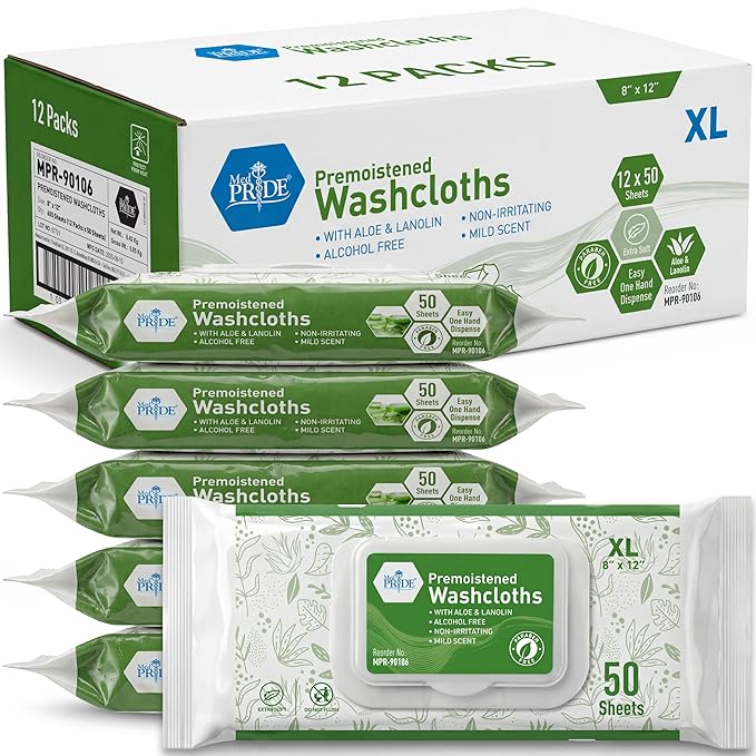 MED PRIDE Premoistened Washcloths 8x12 in with Aloe & Lanolin,600 Count
