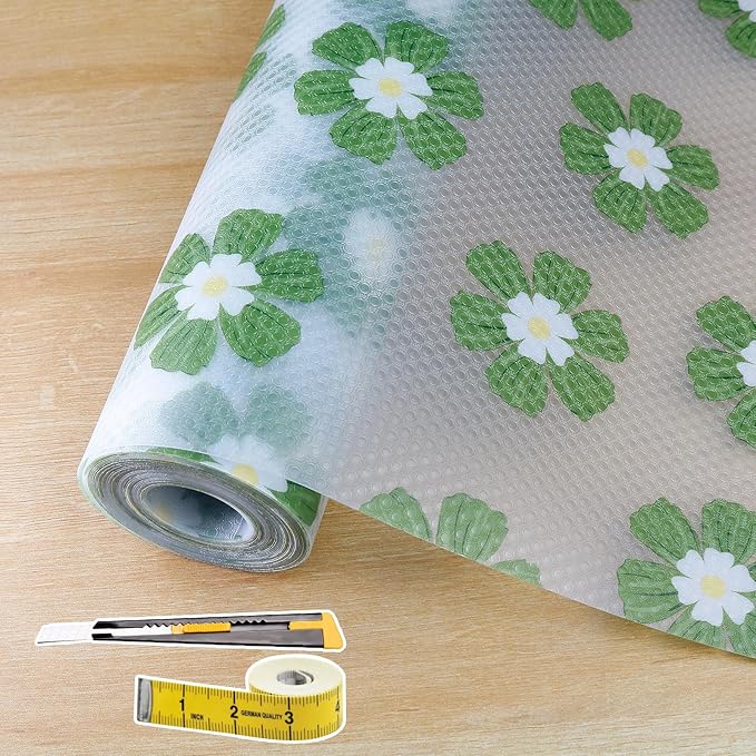 Drawer and Shelf Liner for Kitchen Cabinet,Non-Adhesive Waterproof EVA Drawer Liner for Dresser & Bathroom Vanities with Cutting Tool(12 in X 10 Ft Green Chrysanthemum)