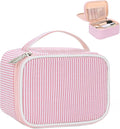 Relavel Travel Makeup Bag, Small Pink Cosmetic Bag with 2 Makeup Brush Holders, Portable Compact Makeup Pouch for Women, Cute Toiletry Bag with Double Layer Organizer, Pink Strip