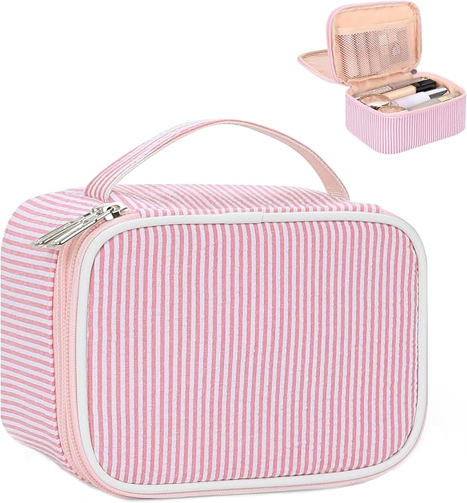 Relavel Travel Makeup Bag, Small Pink Cosmetic Bag with 2 Makeup Brush Holders, Portable Compact Makeup Pouch for Women, Cute Toiletry Bag with Double Layer Organizer, Pink Strip