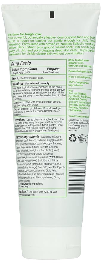Alba Botanica Acnedote Maximum Strength Face & Body Scrub for Acne Treatment, Blackhead Scrub, 8 Oz