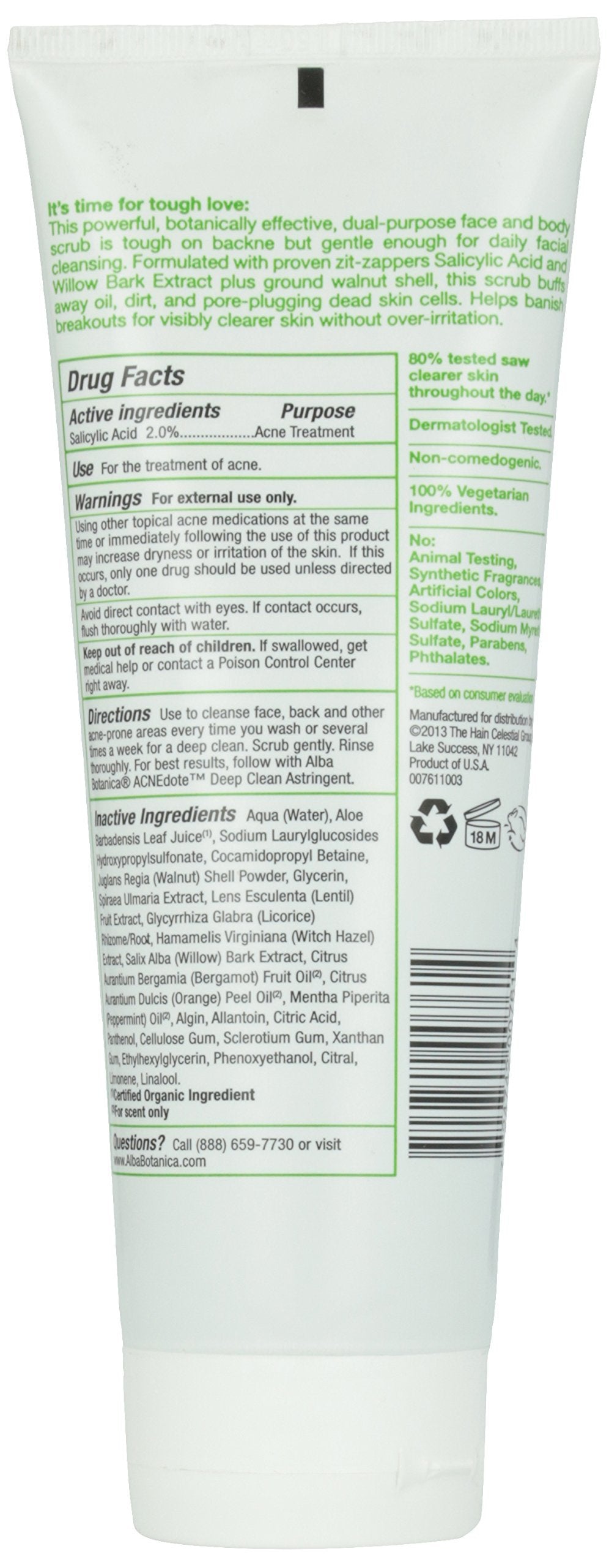 Alba Botanica Acnedote Maximum Strength Face & Body Scrub for Acne Treatment, Blackhead Scrub, 8 Oz