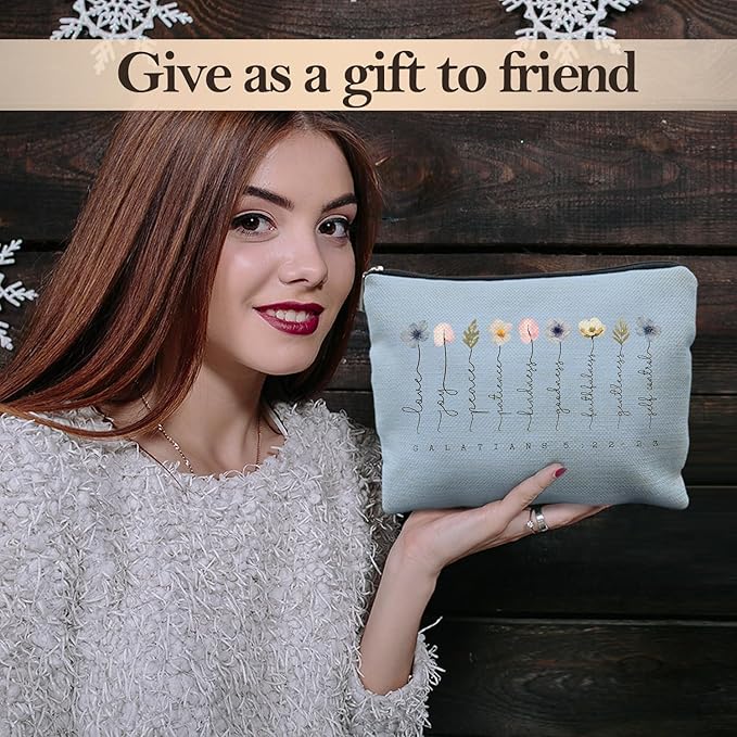 Likjad Christian Gifts Makeup Bag, Floral Christian Cosmetic Bags for Women, Galatians 5:22-23 Bible Verse Makeup Pouch（blue