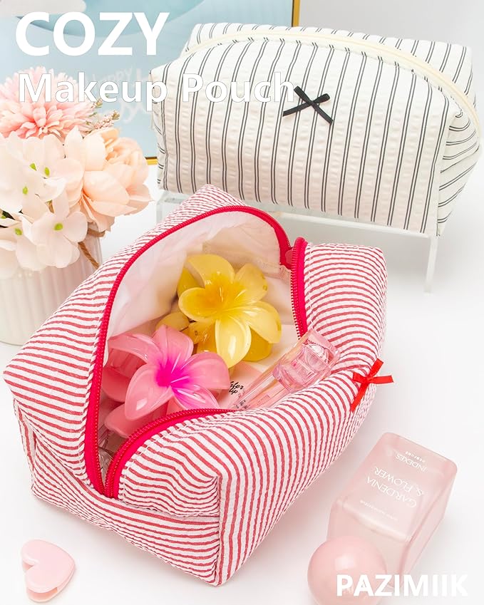 PAZIMIIK Cozy Makeup Bag for Women,Zipper Cosmetic Pouch,Stripe Red,6 Pack