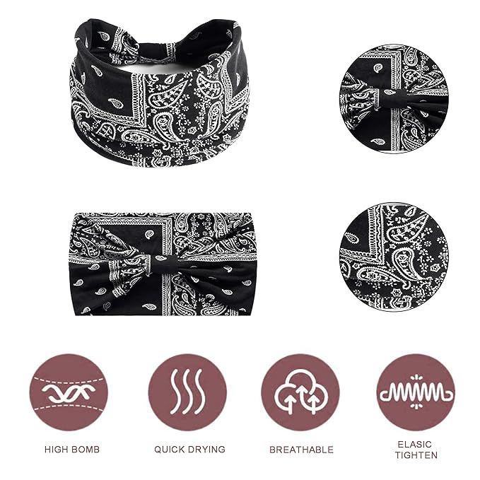 Boho Headbands For Women Fashion Stretch Wide Hair Bands Knoted Turban Head Bands Yoga Running Sweatband Elastic Headband Stylish Wrap Headbands Hair Accessories for Teen Girls 4 Pack
