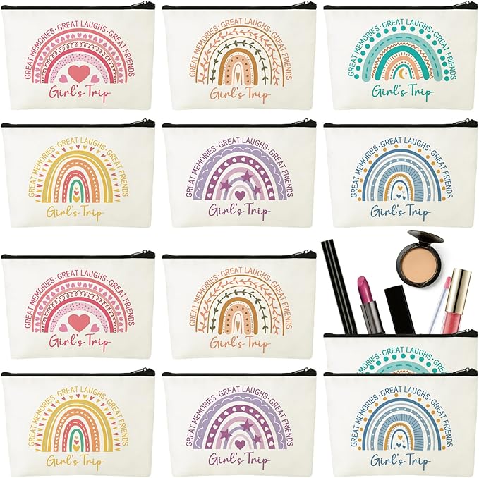 Sweetude 12 Pcs Girls Trip Makeup Bags Bulk Girls Weekend Gifts Rainbow Makeup Bag Portable Travel Cosmetic Bags with Zipper Bachelorette Travel Storage Pouch for Women Friendship Bestie Party Favors