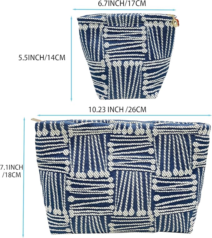 getgto 2 Pcs Makeup Bags, Large Cosmetic Bag Travel Toiletry Bag Organizer for Women, Embroidery Craft, Stripe Makeup Bag Small Cosmetic Pouch Purse with Zipper Gifts for Girls Teen