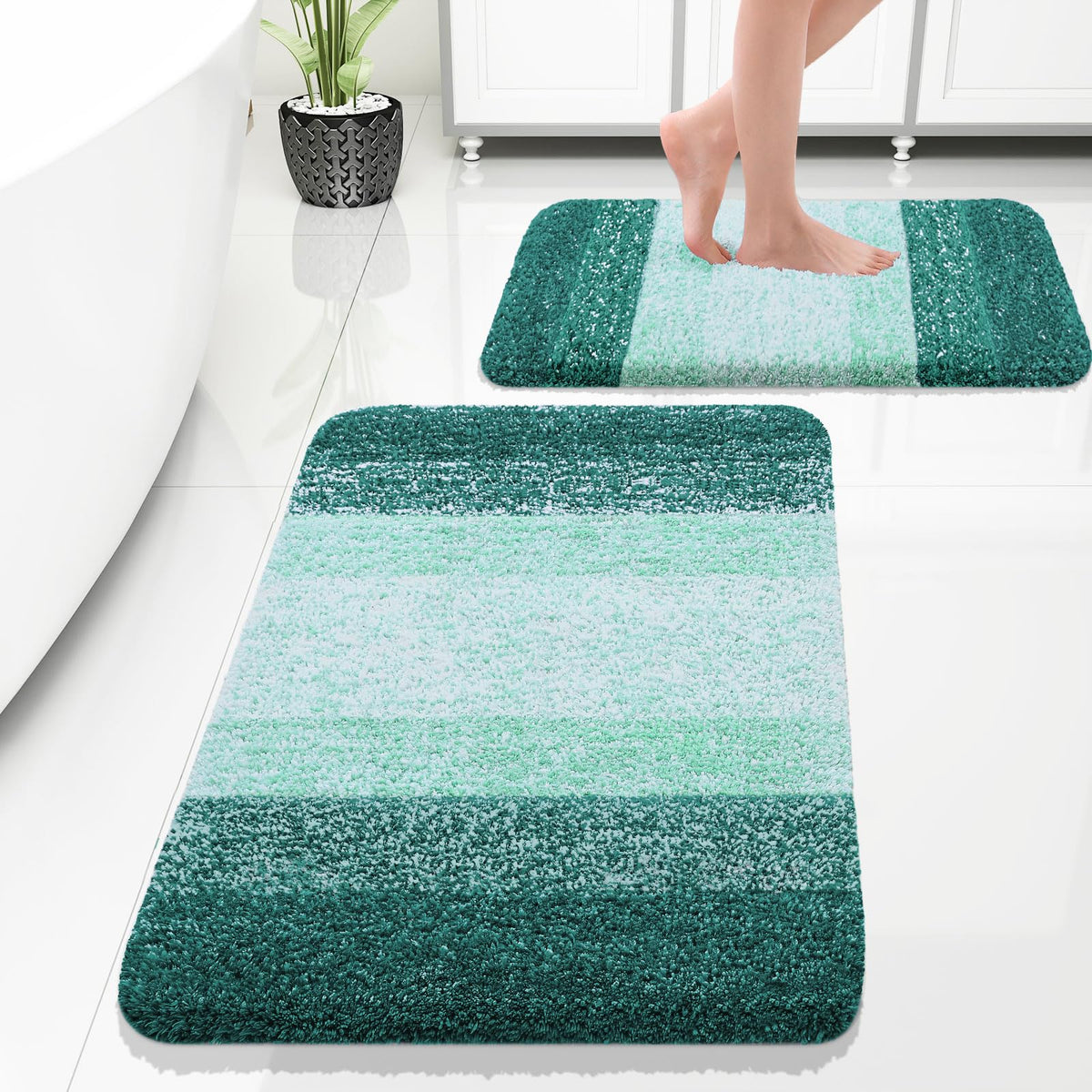 OLANLY Micorfiber Bathroom Rug Set 2 Piece, Soft Bath Mats, Olive Green