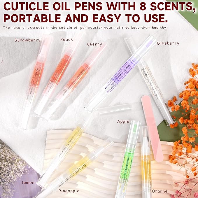 Foncomy Cuticle Oil Pens - 8 PCS Revitalizing Oil Pen with Soft Brush for Nail Care, Cuticle Softener to Prevent Dry and Cracked Nails with Nail File, Mixed Scents