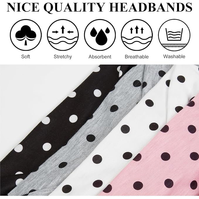 Huachi 4 Packs Polka Dot Headbands for Women Wide Knotted Non Slip Fashion Vingate 1950s Head Bands for Women’s Hair Large African Bandana Hairbands Yoga Running Sports Workout Thick Turban