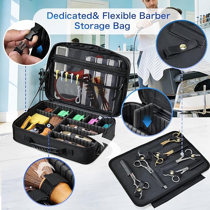 Yueieoun Professional Barber Clipper Case Organizer Bag with Adjustable Dividers, Detachable 6-Slot Scissors Panel, Travel Grooming Tool Storage - Fits Wahl/Andis/Hatteker