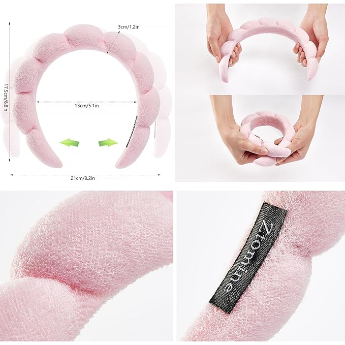 Ztomine Spa Terry Cloth Headband Combo Pack - 2 Puffy Makeup Headbands for Facial Care, Face Washing, and Mask Application (Pink + Grey)