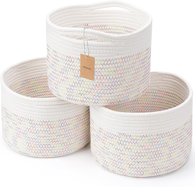 Small Rope Baskets for Storage, Baskets for Gifts Empty, Cute Round Woven Basket, Decorative Shelf Baskets 9.82×9.82×7.1", Cotton Toy Basket Storage Bins for Organizer 3 Packs-Rainbow