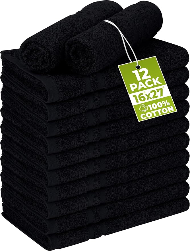 Utopia Towels Cotton Bleach Proof Salon Towel 16 by 27 inches, Bleach Safe 100% Cotton Hand Towel for Gym, 12 Pack, Black
