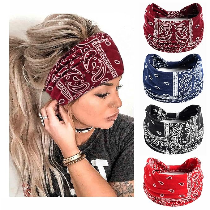 Boho Headbands For Women Fashion Stretch Wide Hair Bands Knoted Turban Head Bands Yoga Running Sweatband Elastic Headband Stylish Wrap Headbands Hair Accessories for Teen Girls 4 Pack