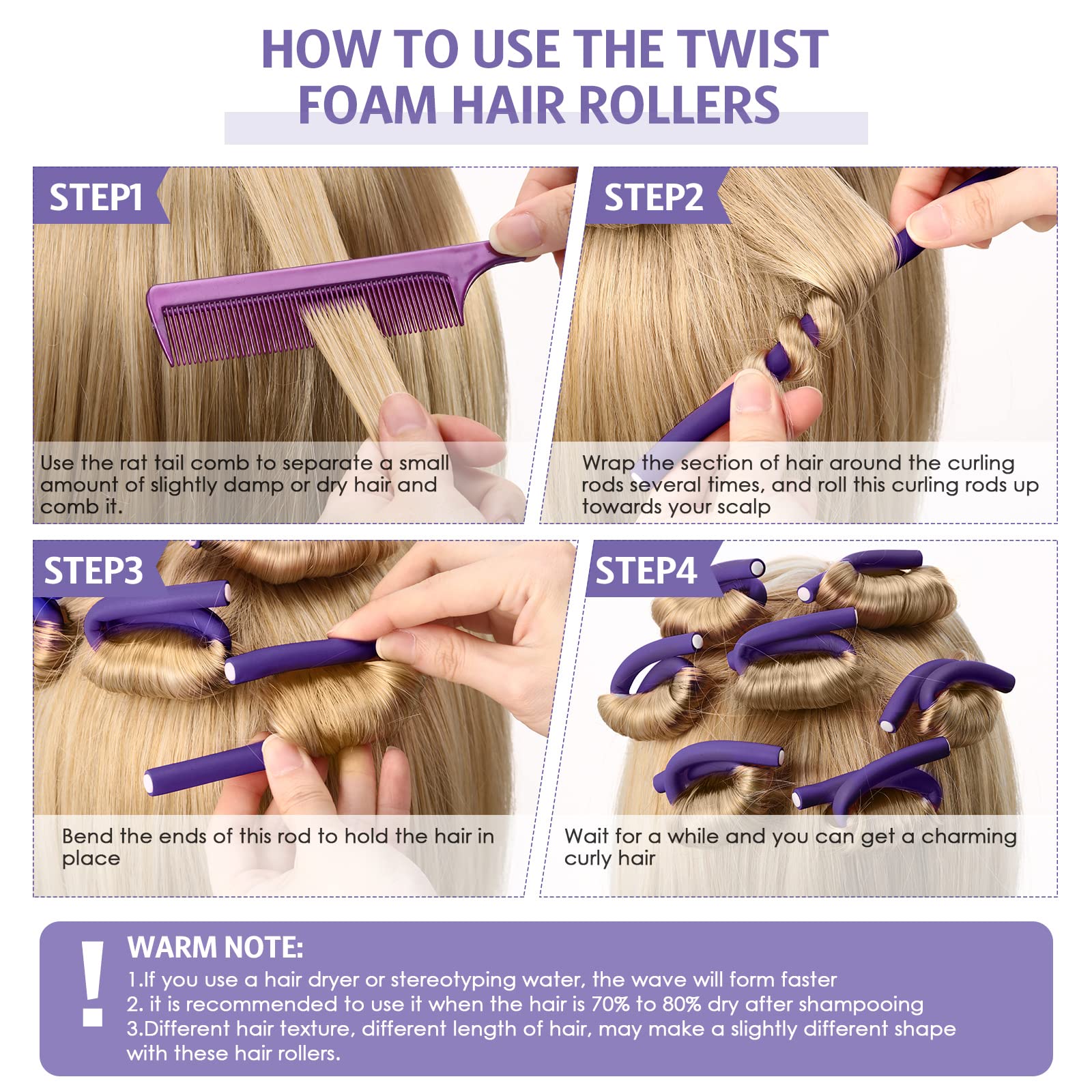 WILLBOND 60 Pieces Flexible Curling Rods Hair Curlers Rollers Twist Flexi No Heat Rods Rollers for Long Short Hair Women(0.3 x 7 Inch,Purple)