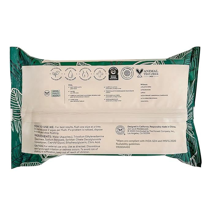 The Honest Company Hypoallergenic Flushable Wipes for Sensitive Skin, Tropical Leaves, 126 Count