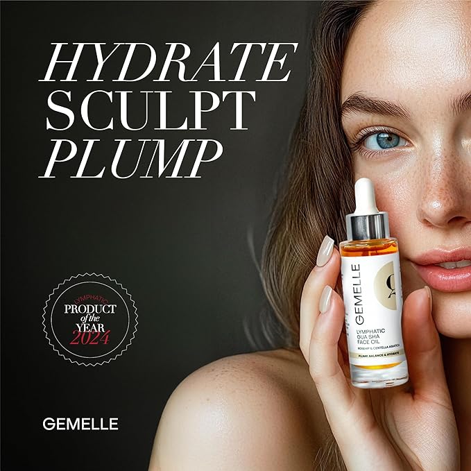 GEMELLE Lymphatic Gua Sha Face Oil | 10x Award Winner | Detox, Plump, Sculpt, Hydrate | Premium Natural Botanical Oil for Gua Sha Facial Tools, Lymphatic Drainage Massager, Jade Gua Sha Stone - 30ml