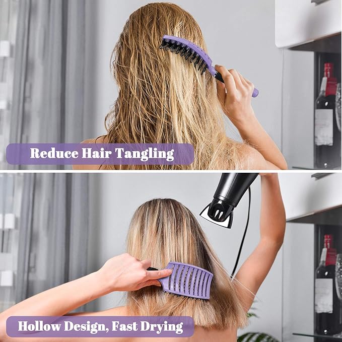Boar Bristle Hair Brush Set of 2, HIPPIH Wet & Dry Hair Brushes Made by Fine Natural Boar Hair Can Adds Shine and Smoothing, Detangling Hairbrush for Women, Men & Kids' Long Curly Thick Hair