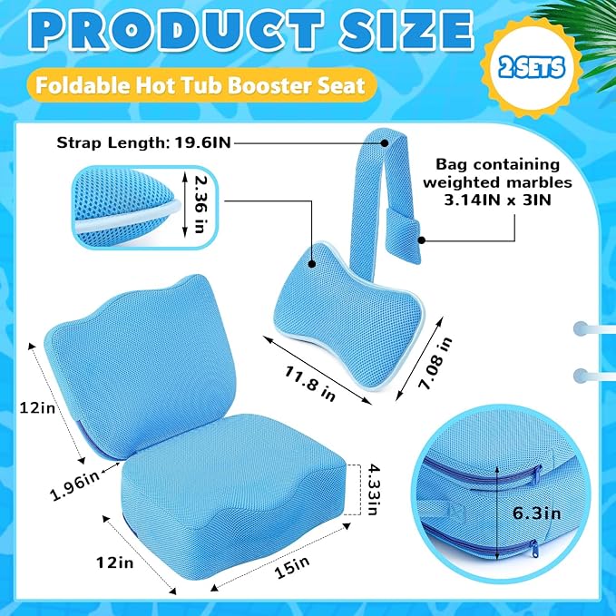 Yerliker 2 Pcs Foldable Hot Tub Booster Seat with Bath Pillow, Inflatable Adjustable Height Spa Cushion with Suction Cups, Weighted Marbles, Extra Thick Bathtub Seat with Back Support