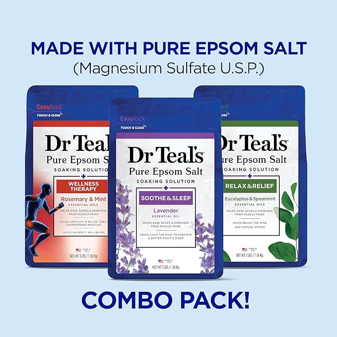 Dr Teal's Epsom Salt Magnesium Soak, Lavender, Eucalyptus & Wellness Trio, 3 lbs (Pack of 3)