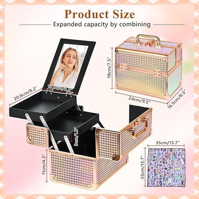 GALHUBIS Makeup Case Organizer,Makeup Train Case, Trays Cosmetic Box Portable, Profesional for Salon Barber, Colorful Pink