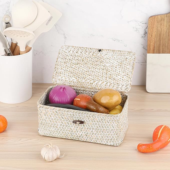 Sumnacon Wicker Basket with Lid Rectangle Woven Baskets for Toiletries Tampon Storage,Wicker Storage Basket with Lid,Decorative Seagrass Storage Baskets for Shelf Bathroom Toilet Table,Whitewash