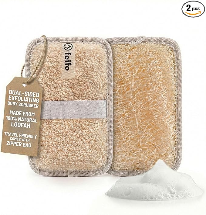 Natural Loofah Sponge for Body Scrub, Exfoliating Body Scrubber & Loofah with Handle, Exfoliating Pads, Loofah for Women, Men & Kids (2 Count - 1 Pack, Rectangular)
