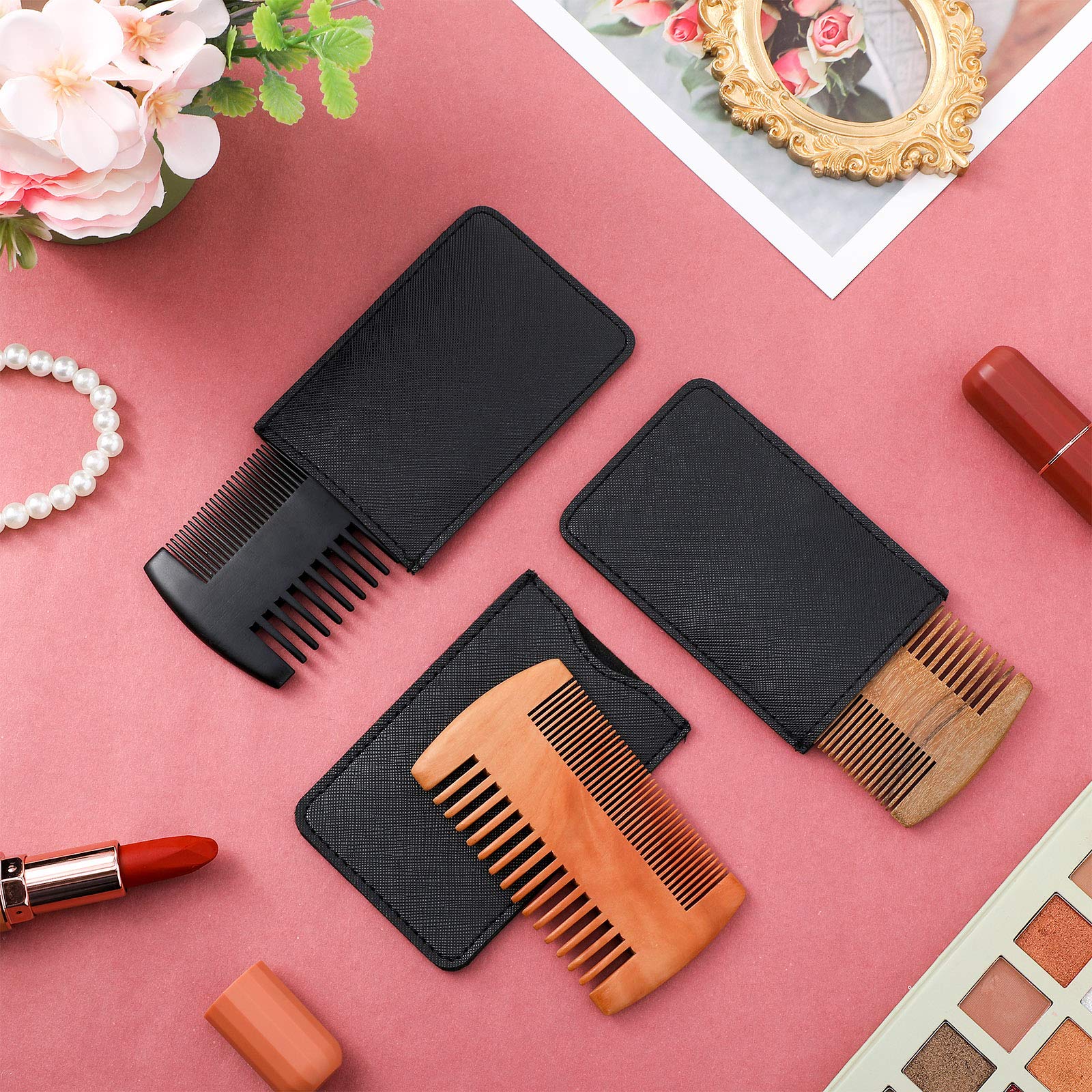 3 Pieces Beard Comb for Men Natural Sandalwood Wooden Mustaches Combs Dual Action Teeth Beard Comb with 3 Pieces Pocket Faux Leather Case for Beards Mustaches(Black, Yellow, Brown)