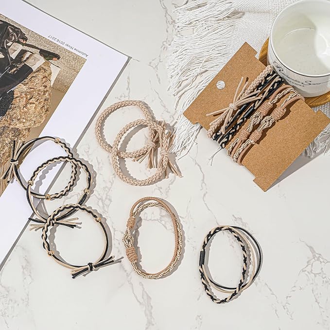 Hair Ties Bracelet Boho Hair Tie for Women, Lolalet Super Cute Soft Braided Elastics, Strong No Pull Nylon Ponytail Holder for Thin Long Curly Hair - 12 Pcs, Style E